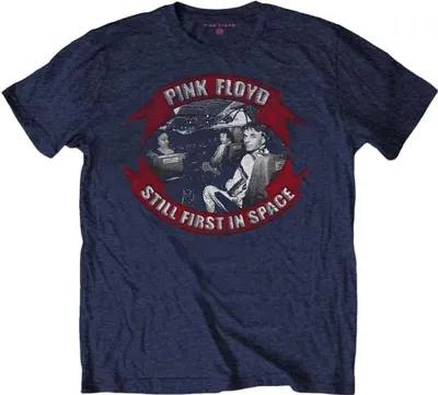 Image de T-shirt à manches courtes, couleur bleu marine, avec le motif "Pink Floyd First In Space"