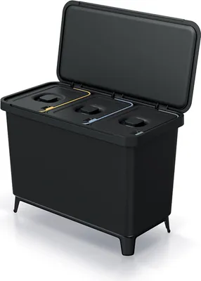 A black multi-compartment trash bin with its lid open, shown on a white background.