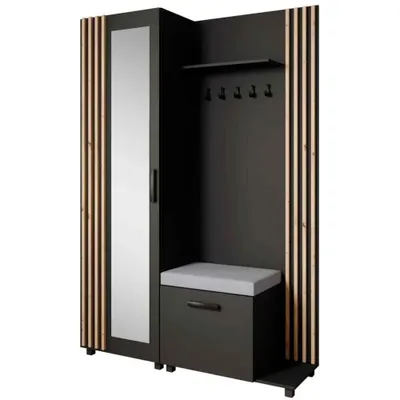 Produktbild von Garderoben-Set LIVIA Rechts Schwarz – Garderobenschrank mit Spiegel, Schuhschrank mit grauem Sitzkissen, Lamellen in Eiche Artisan, Hochschrank