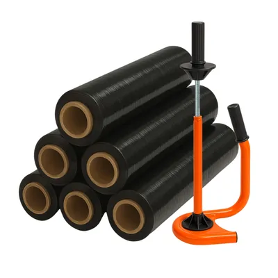 Produktbild von 6x 2,5kg Stretchfolie Schwarz + Premium Orange Abroller