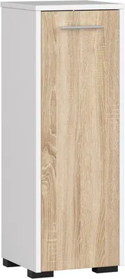 Image de Armoire de salle de bain indépendante : une porte, deux étagères, couleur : blanc | chêne Sonoma, dimensions du meuble : l : 30 cm, H : 82 cm, P : 30 cm