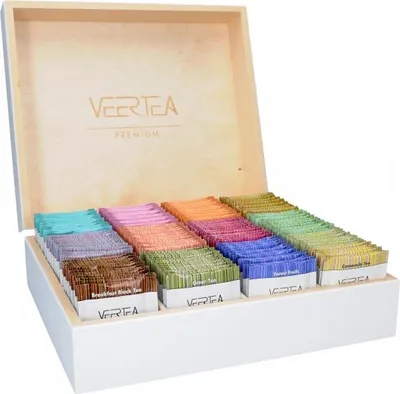 Produktbild von Veertea Tee - Teebox - Tee Geschenkset - Tea Set - Sorgfältig Ausgewählte Sorten - Box Holz - Teemischung - 12 Geschmacksorten, 180 Beutel - Weiß