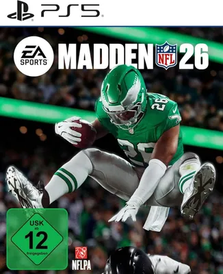 A video game cover featuring an American football player in a green uniform jumping with a football.