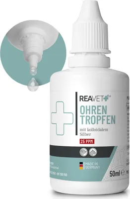 A bottle of ear drops with a close-up inset showing a drop falling from the applicator.