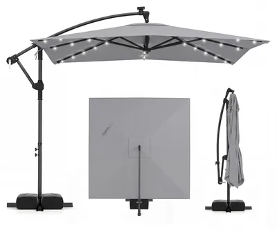 Immagine prodotto di Ombrellone COSTWAY da 250 cm con base, luci a LED e manovella, ombrellone quadrato a semisferica, ombrellone da giardino girevole a 360°, ombrellone da mercato e da terrazza, grigio