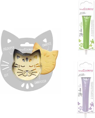 Produktbild von Relief-Kekspackung Katze + 2 hellgrüne und fliederfarbene Schokoladenstifte