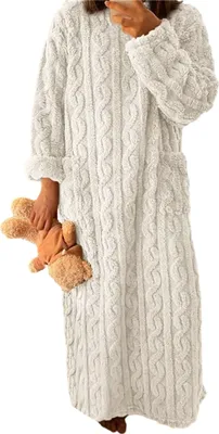 Produktbild von Herbst-Winter-Nachthemd, dickes Korallenvlies, lose Taschen, warm, einfarbig, Rundhalsausschnitt, verdrehte Textur, lange Ärmel, volle Länge, Thermo-Homewear, Damen-Nachthemd