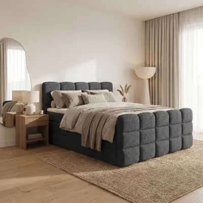 Produktbild von ELVORA DESIGNE Boxspringbett 180x200 cm PURE mit 2 Bonellmatratzen H3 & Topper, 2 Bettkästen, Dunkelgrau, KI-generiertes Bild