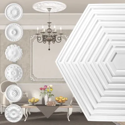 Produktbild von MARBET DESIGN Stuckrosette aus EPS Styropor - Deckenrosette weiß, Zierelement, Stuck (R-32, 643x557mm) Wanddekoobjekt Innendekoration Nachbildung Oval