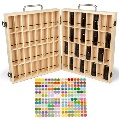 Produktbild von Aufbewahrungsbox aus Holz für ätheische Öle, 64 Fächer für 5-15 ml Fläschchen, mit Deckel.