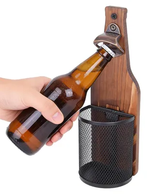 Wandflaschenöffner mit Kronkorkenfänger, Vintage Holz, 1 Stück
