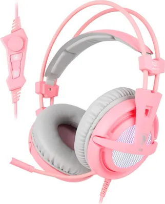 A pink gaming headset with a microphone and an inline remote is shown against a white background.
