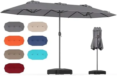 Image de Parapluie double avec pied, 400 x 200 cm, parasol XXL, parasol pour terrasse avec manivelle, protection UPF 30+, grand parasol pour balcon, parasol de jardin, parasol ovale pour jardin, terrasse et piscine, couleur gris