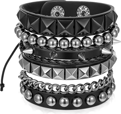 Produktbild von 4 Stück Punk Leder Manschette Armband, Gothic Lederarmband mit Metall Nieten Verstellbar, Rock Biker Armband Set für Herren und Damen
