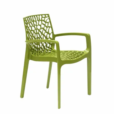 A single green chair with an intricate, web-like design on the back and seat, shown against a white background.