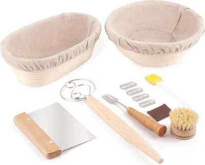 Produktbild von Bread Proofing Baskets Set of 2, 10 inch Oval & 8.5 inch Round Dough Proofing Bowls w/Liners Perfect for Sourdough Bread Baking, Bakers Baking, Gifts for Bakers, Bread Making Kit