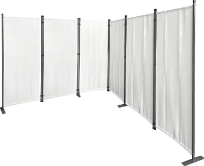 A white fabric room divider with gray metal frames, set up in a room.