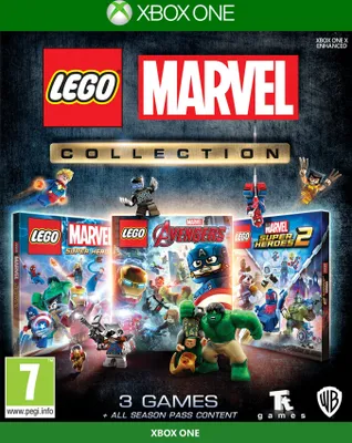 A collage of game covers and Lego figures for the LEGO Marvel Collection on Xbox One.