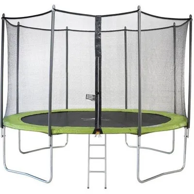 Produktbild von Trampolin mit Netz, Kangui Twin Duo, Ø 360cm, Grün, mit Leiter und Schutzabdeckung, Max 100Kg