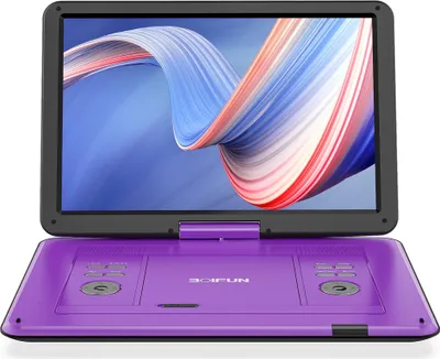 Produktbild von Přenosný 17,5'' DVD přehrávač s otočným 15,6palcovým HD CD přehrávačem, dobíjecí baterie na 6 hodin, synchronizovaná TV, formát pro více disků, fialová barva