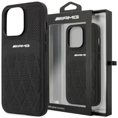 A black phone case with the AMG logo, displayed in its packaging.