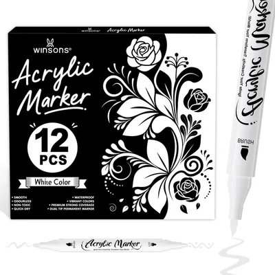Zdjęcie produktu dla Zestaw 12 białych markerów akrylowych + 6 naklejek, permanentne markery, wodoodporne, nietoksyczne, z podwójną końcówką