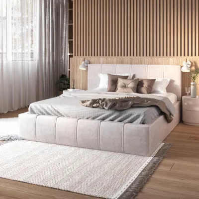 A bedroom scene with a bed, nightstand, and curtains.