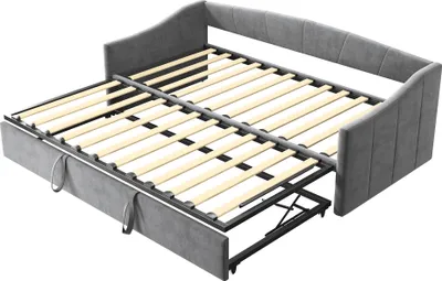 Produktbild von Fortuna Lai Tagesbett 90x200cm/180x200cm Ausziehbett, Erweiterbares Schlafsofa mit Lattenrost und Armlehnen, Samt Polsterbett Kinderbett Sofabett, Grau