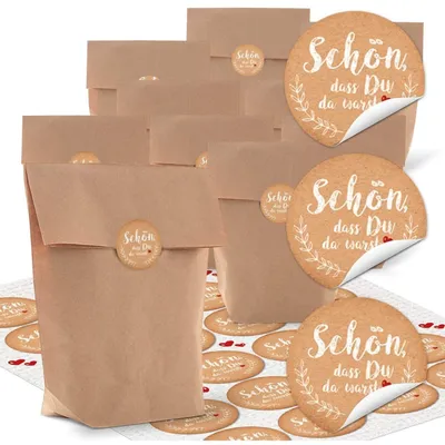 Produktbild von 24 kleine Papiertüten braun natur 16,5 x 26 x 6,6 cm + 24 runde Aufkleber schwarz weiß MERCI DANKE französisch Tafel Kreide Verpackung Kraftpapier Geschenk-Tüte"Schön, dass du da warst" / 24 Stück