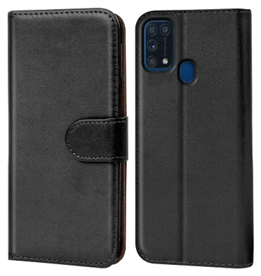 A black flip case for a Samsung Galaxy M31 phone is shown open, displaying the phone's camera module and a blue button on the right side, and the inside of the case on the left.