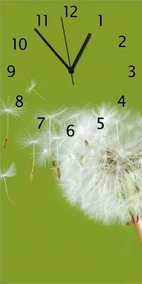 Produktbild von Wallario Design Wanduhr bedruckt, Größe 30 x 60 cm, Motiv: Pusteblume auf der Wiese mit fliegenden Samen
