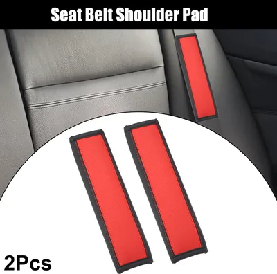 Image de 2pcs Universel Voiture Siège Ceinture Couverture Cou Tapis Faux Cuir Trou Rouge
