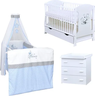 Produktbild von Baby-Delux Babyzimmer Babybett Wickelkommode Weiss Bettwäsche Komplett Prince Stars