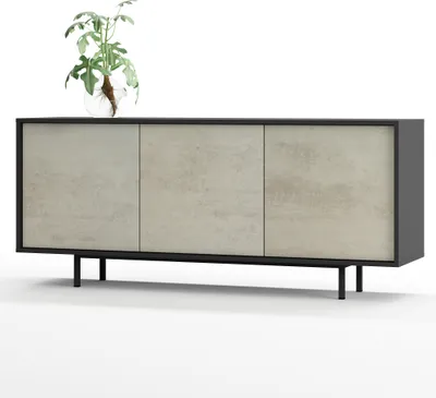 Image de SIMPLYFURN Buffet Akia commode pour salon ou couloir en anthracite avec portes de couleur Béton oxydé 154x40x66 cm pieds en métal ouverture par pression meuble bas moderne avec étagères réglables