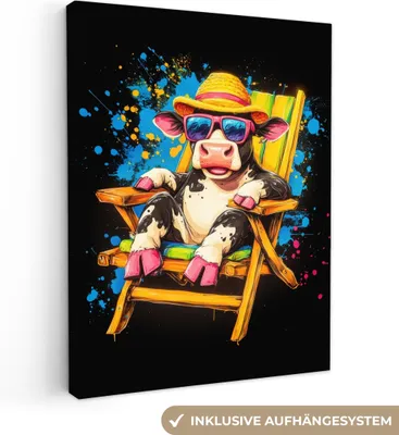 Produktbild von MuchoWow® - Leinwandbilder - Graffiti - Sommer - Kuh - Lustig, Wandbild, Wanddeko Bilder Wohnzimmer, 90x120 cm