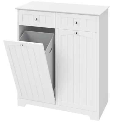 Produktbild von Schmaler Badschrank freistehend mit Schubladen und Wäschekippe Badezimmerschrank 78x38x90 cm Weiß