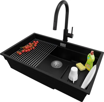 Produktbild von PRIMAGRAN Granitspüle Schwarz 76x47cm, Spülbecken 1 Becken + Ablauf-Set + Küchenzubehörset, Küchenspüle ab 80er Unterschrank - Praga Slim