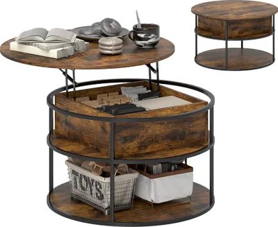 A round lift-top coffee table with multiple storage levels, shown with books, donuts, and a mug on the top surface, and baskets on the lower shelves.