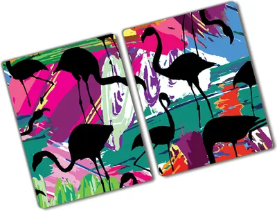 Produktbild von Tulup Glas Herdabdeckplatte - 2x40x52 cm - Glaskeramikkochfeld-Abdeckung Spritzschutz Glasabdeckplatte Kochplattenabdeckung und Schneidebrett - Zweiteilig - Tiere - Flamingos - Mehrfarbig