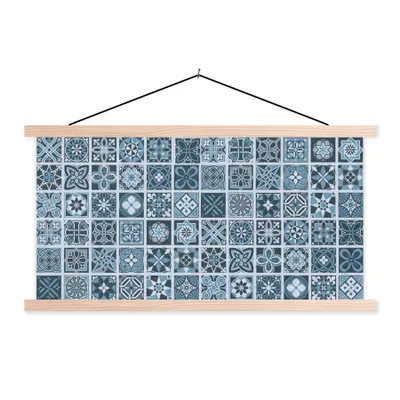 Produktbild von MuchoWow® Textilposter Blumen - Blau - Muster - Figuren 60x30 cm mit holzfarbenen Rahmen - Dekoration
