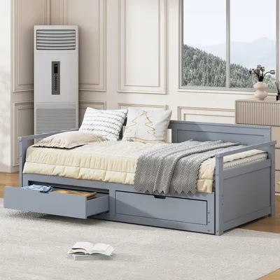 Immagine prodotto di okwish Letto da giorno multifunzionale 2 in 1 90*190 cm/180*190 con letto in pino, 2 cassetti e letto estraibile Grigio , Grigio-Senza materasso