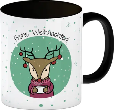 Produktbild von Frohe Weihnachten Kaffeebecher Schwarz mit süßem Rentier