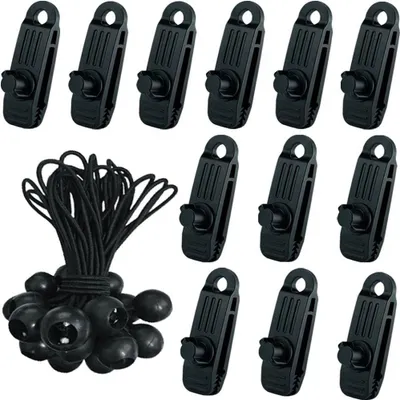 Produktbild von 24-teiliges Planenklammer-Set, 12 x Multifunktionale Krokodilmaul-Planenklammern mit Feststellgriffschraube, 12 x Planenspanner mit Kugel, Zeltklammern Planenklammern für Outdoor-Zelt Camping Markise