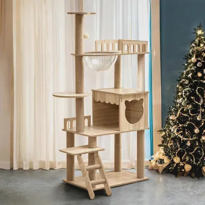 Produktbild von 135 cm Kratzbaum Holz,Kratzbaum Grosse stabil,Modern mit Eigentumswohnung, Katzentreppe, Schüssel, 9 Sisal-Spielzeugbällen, Katzenkratzbaum groß (KT-022)