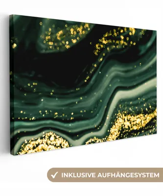 Produktbild von MuchoWow® - Leinwandbilder - Marmor - Gold - Glitter - Grün - Marmoroptik - Luxus, Wandbild, Wanddeko Bilder Wohnzimmer, 90x60 cm