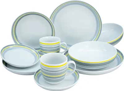 A collection of white porcelain dinnerware with gray and yellow striped accents.