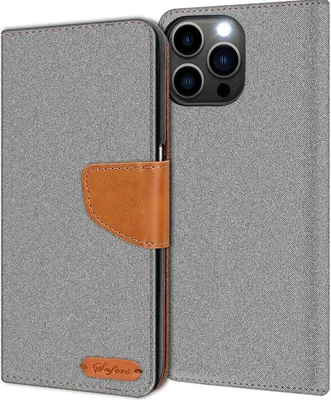 Produktbild von Conie Jeans Style Klapp Tasche für iPhone 16 Pro Max Kartenfach Hülle Rundumschutz in Grau
