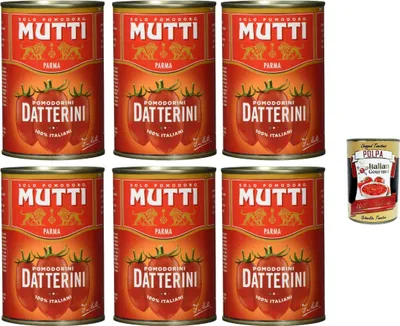 Produktbild von Mutti Salsa Pomodori Datterini, Sauce Datteltomaten, Leckere Kirschtomaten mit einer unverkennbaren, länglichen Form, 100% Italiener, 6 x 400g + Italian Gourmet polpa 400g