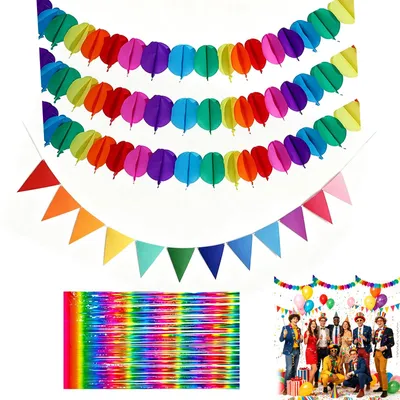 Produktbild von Party Deko Set - Mit 2 Lametta Vorhängen 1x2 m, Wimpelkette, Regenbogen Girlanden, Kreisen und Quasten - Für Fotohintergrund und Dekoration