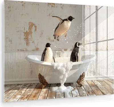 Produktbild von MuchoWow Glasbilder - Bilder auf Wandbild - Foto auf Glas Vintage - Pinguin - Badewanne - Schaumstoff 80x60 cm Wanddekoration aus Glas - Acrylglasbild - Acrylbilder - Wanddekorationen